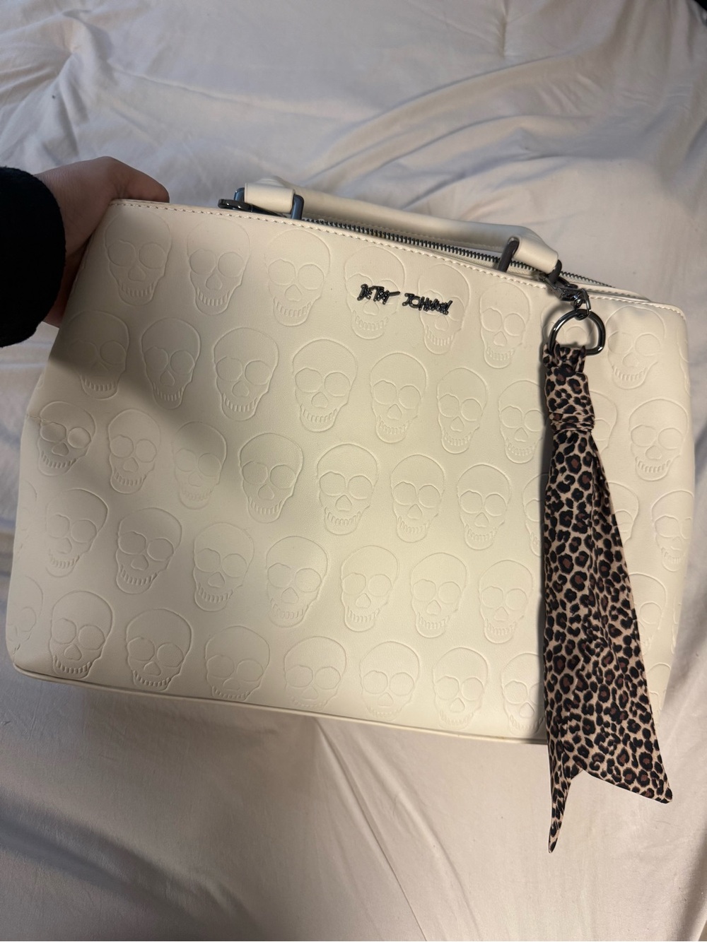 Betsey Johnson White Embossed Skull Satchel with Leopard Scarf Accent